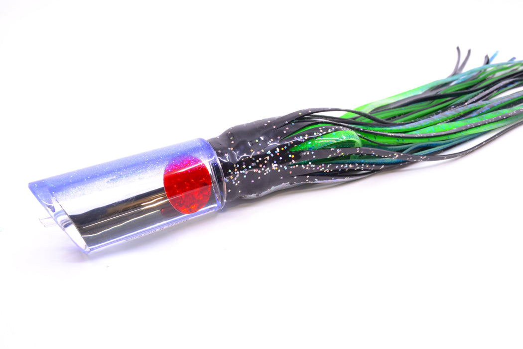 Moyes Lures Clear Mirrored Blue Glitter Back Red Eyes Medium Pipe Bomb 12" 7.5oz Skirted