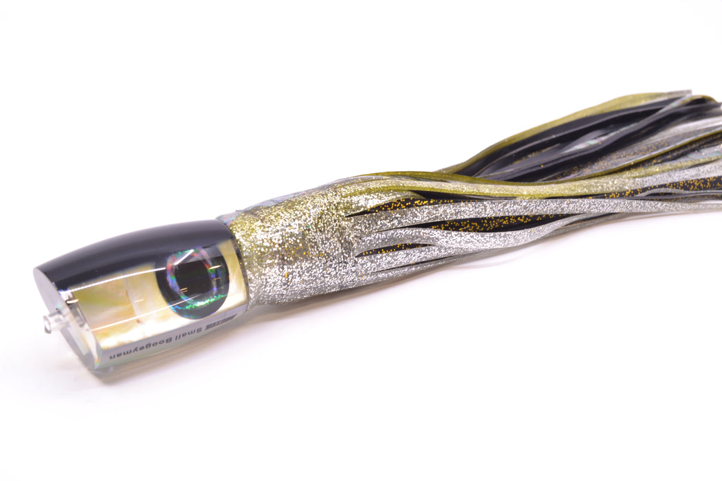 Moyes Lures Golden MOP Black Back Small Boogeyman 9" 3.5oz Skirted Yellow Aurora