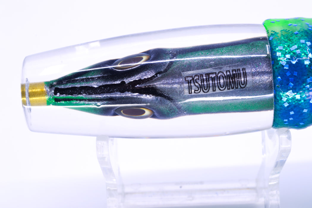 Tsutomu Lures Green with Black Dots Fish Head Ali'i Invert 7" 5.7oz Skirted Black Dots-Blue Dots