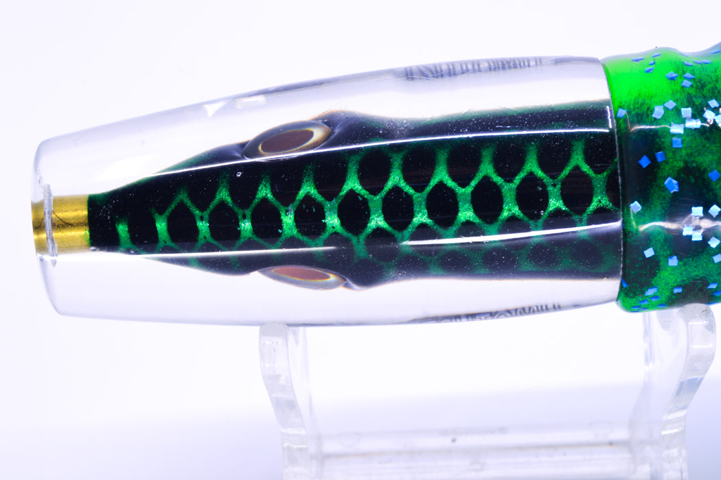 Tsutomu Lures Green with Black Dots Fish Head Ali'i Invert 7" 5.7oz Skirted Black Dots-Blue Dots