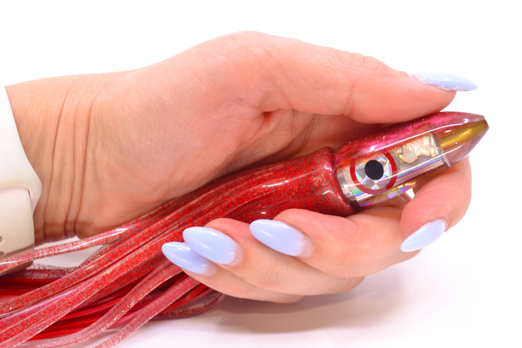 Bomboy Lures White Abalone Red Back Mini Bomb 5" 2oz Skirted Red Glitter/Red