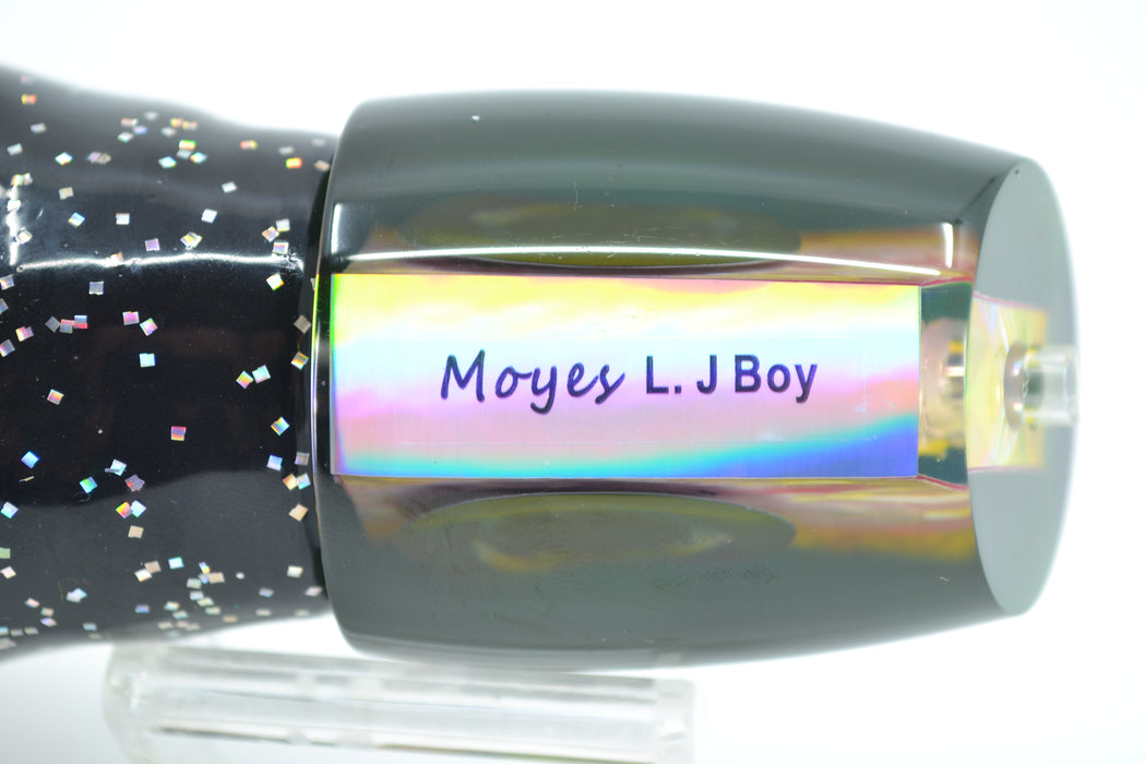 Moyes Lures Rainbow MOP Black-Yellow Back Large J-Boy 14" 9oz Skirted Black-Pink-Silver