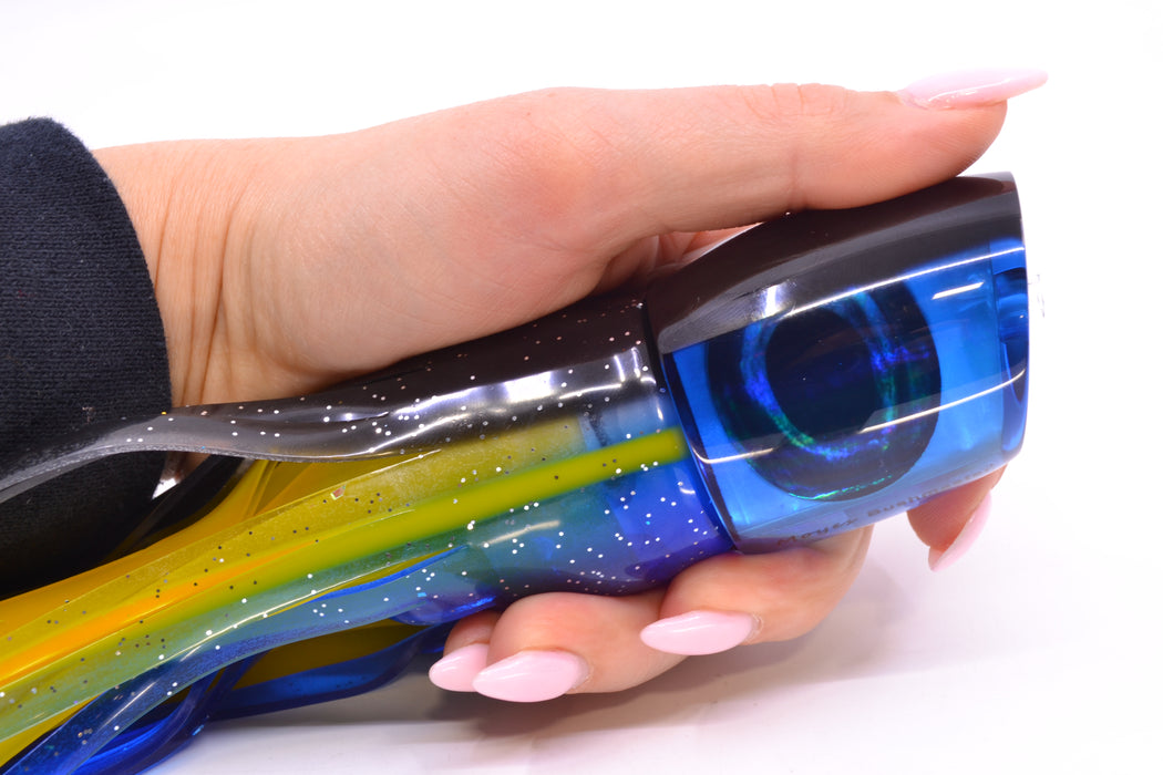 Moyes Lures Blue MOP Black Back Taxi Eyes Bushmaster 12" 10oz Skirted Black-Yellow-Blue