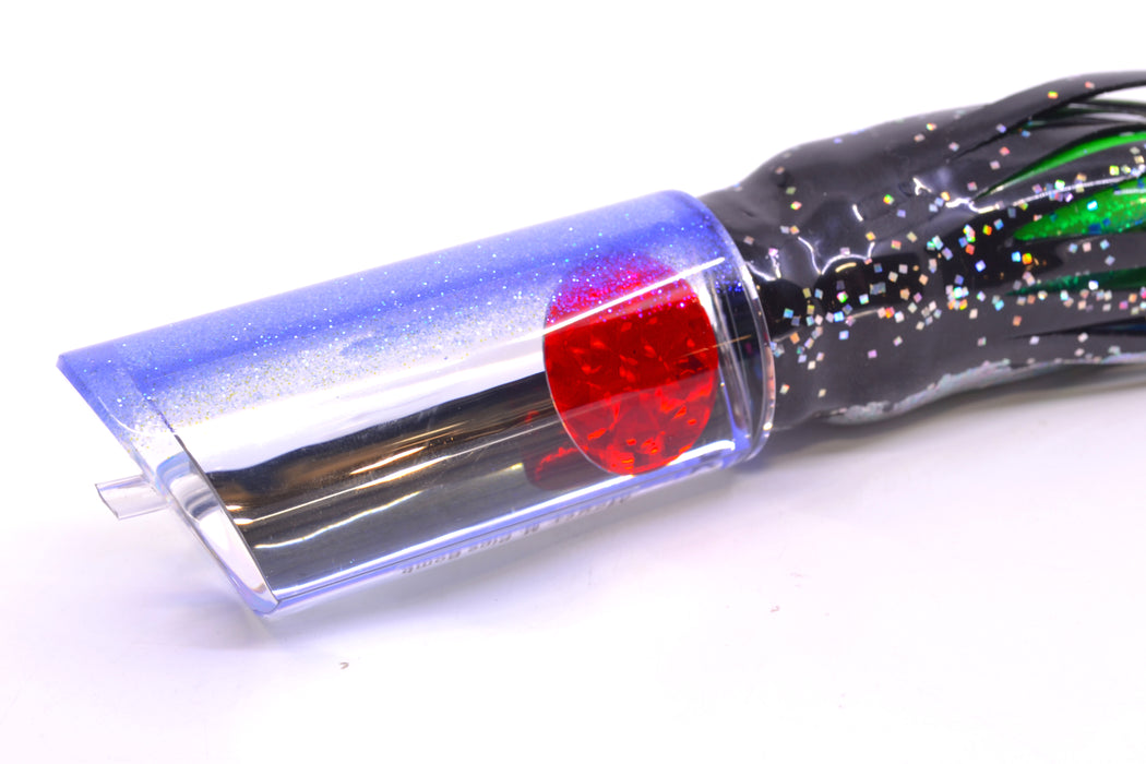 Moyes Lures Clear Mirrored Blue Glitter Back Red Eyes Medium Pipe Bomb 12" 7.5oz Skirted