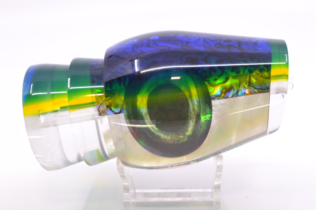 Moyes Lures Yellowfin Paua-MOP Blue-Yellow Back Taxi Eyes XL Sumo 16" 13oz GZE