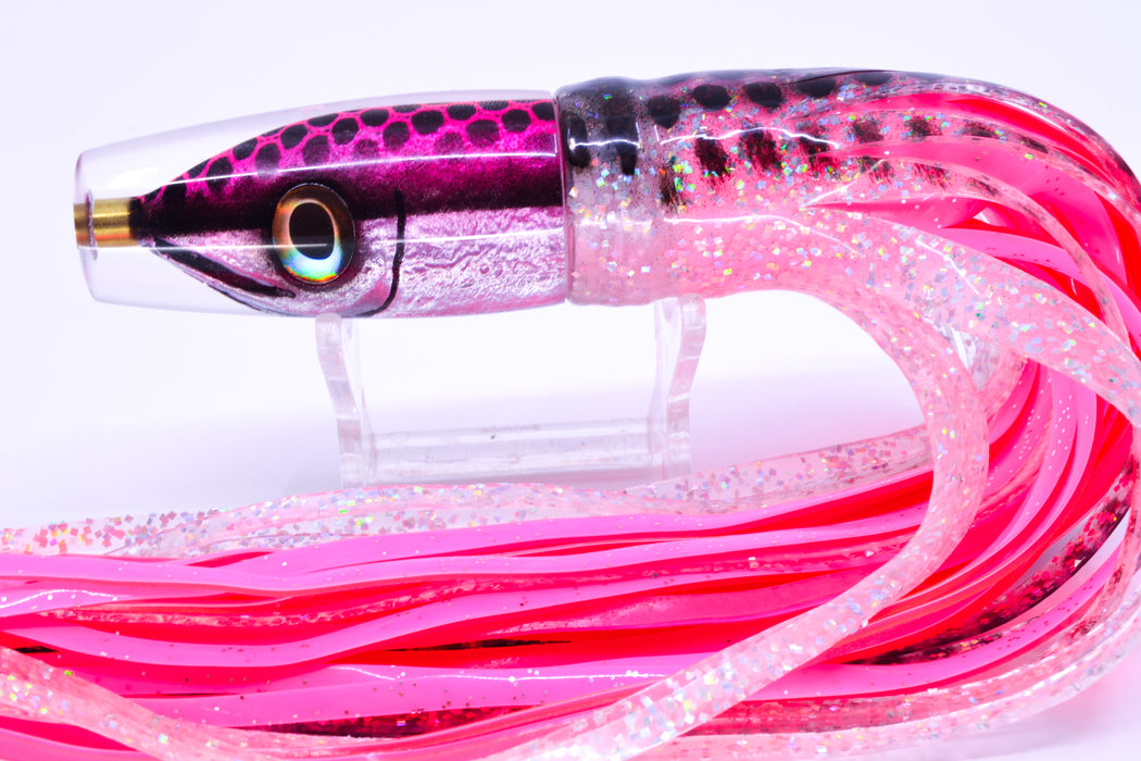 Tsutomu Lures Pink with Black Dots Fish Head Ali'i Invert 7" 5.7oz Skirted Black Dots/Pink