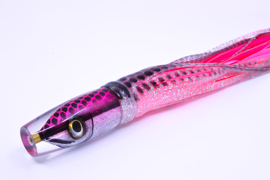 Tsutomu Lures Pink with Black Dots Fish Head Ali'i Invert 7" 5.7oz Skirted Black Dots/Pink