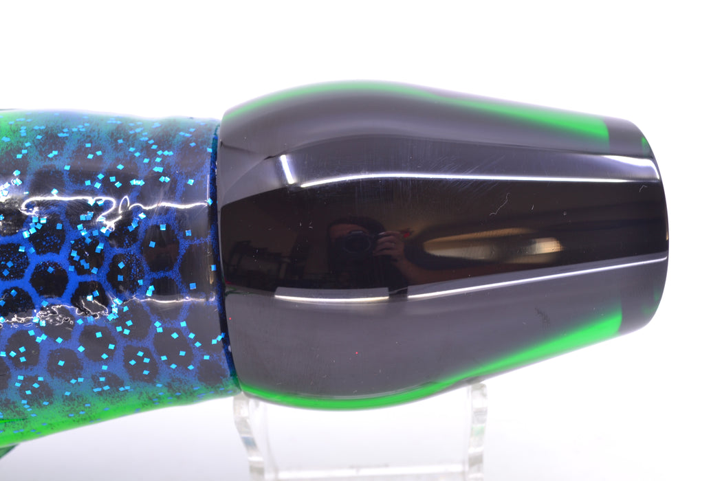 Moyes Lures Green Mirrored Black Back XL Sumo 16" 20.5oz Skirted Black Dots-Blue Dots GZE