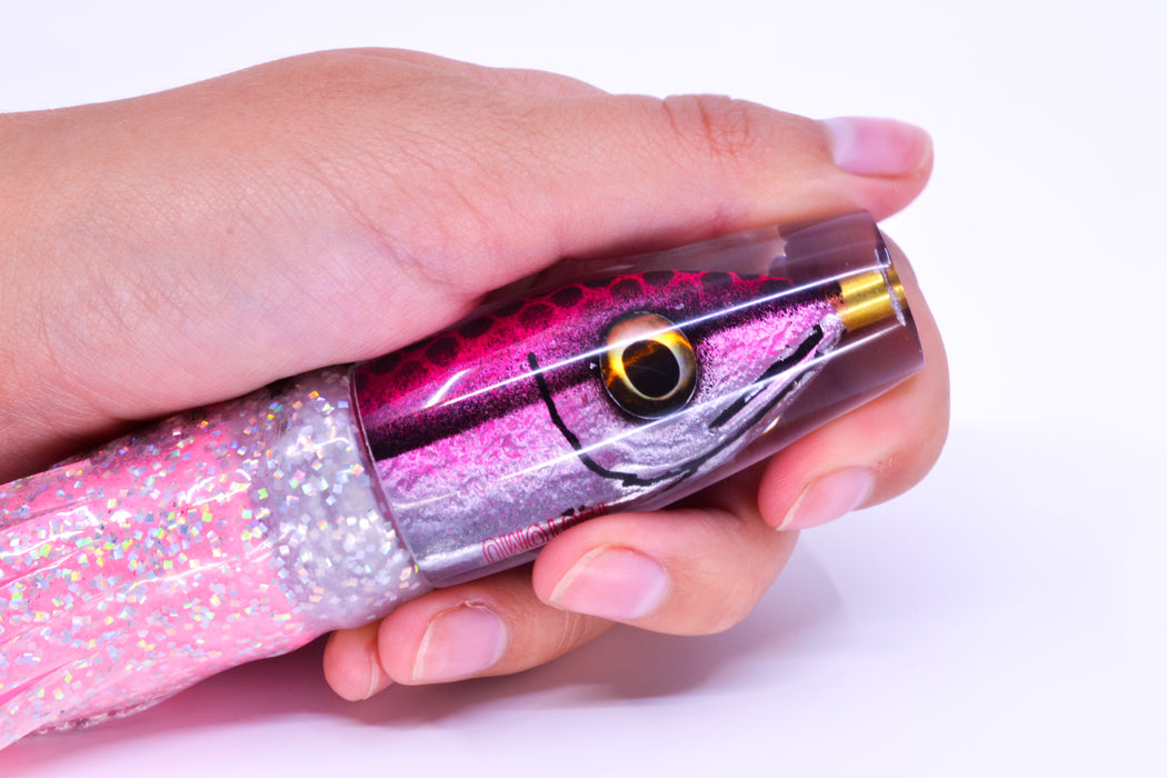 Tsutomu Lures Pink with Black Dots Fish Head Ali'i Invert 7" 5.7oz Skirted Black Dots/Pink
