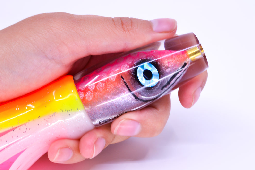 Tsutomu Lures "Da Amaebi" Pink-Orange Fish Head Ali'i Invert 7" 5.7oz Skirted Orange-Yellow
