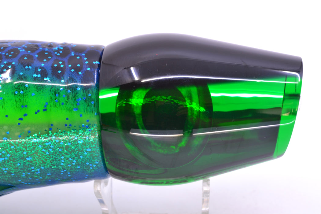 Moyes Lures Green Mirrored Black Back XL Sumo 16" 20.5oz Skirted Black Dots-Blue Dots GZE