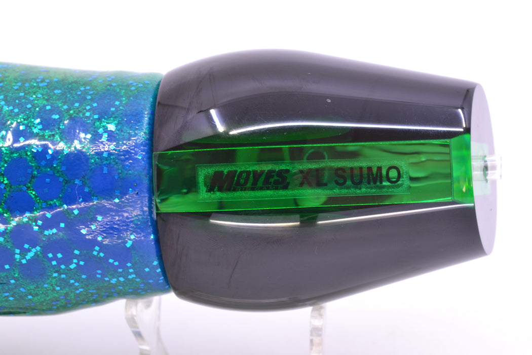Moyes Lures Green Mirrored Black Back XL Sumo 16" 20.5oz Skirted Black Dots-Blue Dots GZE