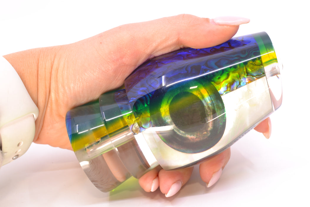 Moyes Lures Yellowfin Paua-MOP Blue-Yellow Back Taxi Eyes XL Sumo 16" 13oz GZE