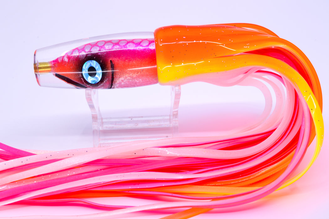 Tsutomu Lures "Da Amaebi" Pink-Orange Fish Head Ali'i Invert 7" 5.7oz Skirted Orange-Yellow
