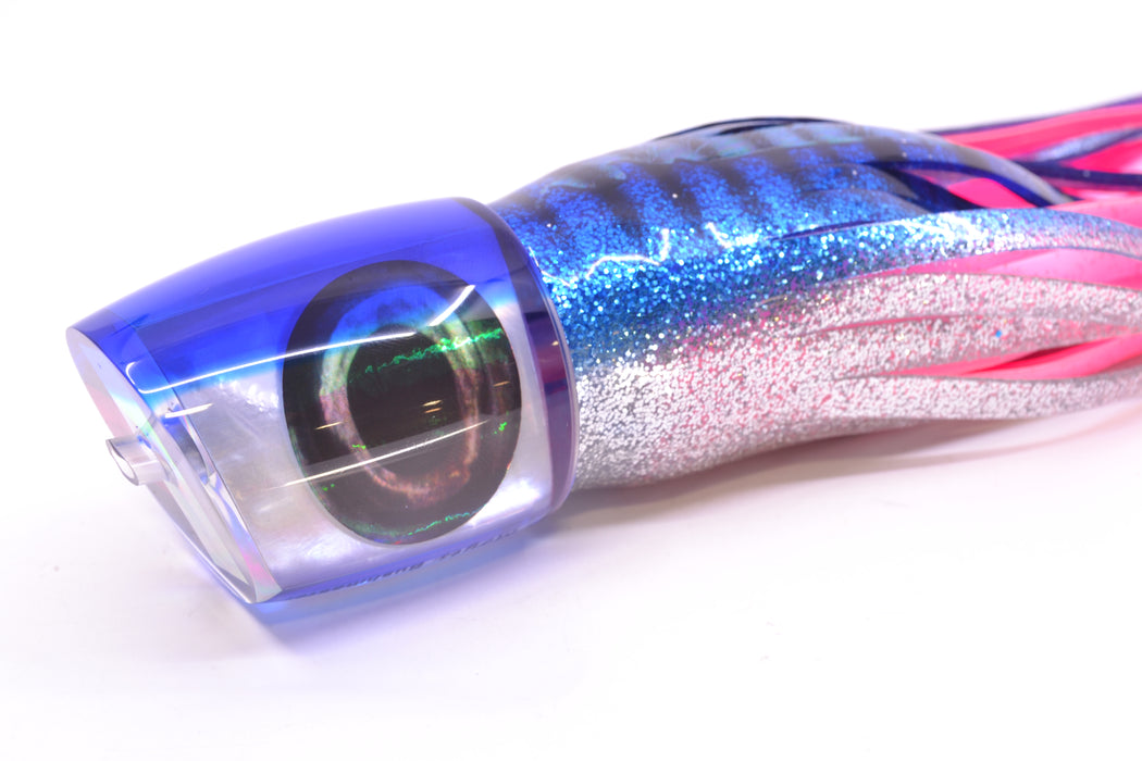 Moyes Lures White MOP Blue Back Taxi Eyes Bushmaster 12" 10oz Skirted Blue Aurora/Pink