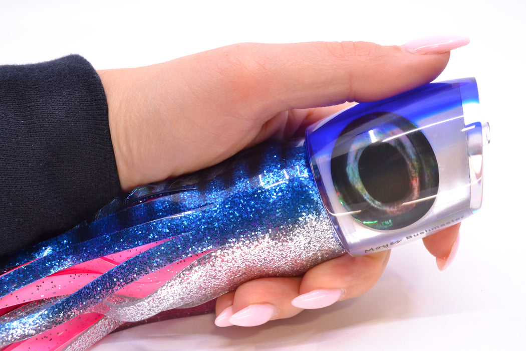 Moyes Lures White MOP Blue Back Taxi Eyes Bushmaster 12" 10oz Skirted Blue Aurora/Pink