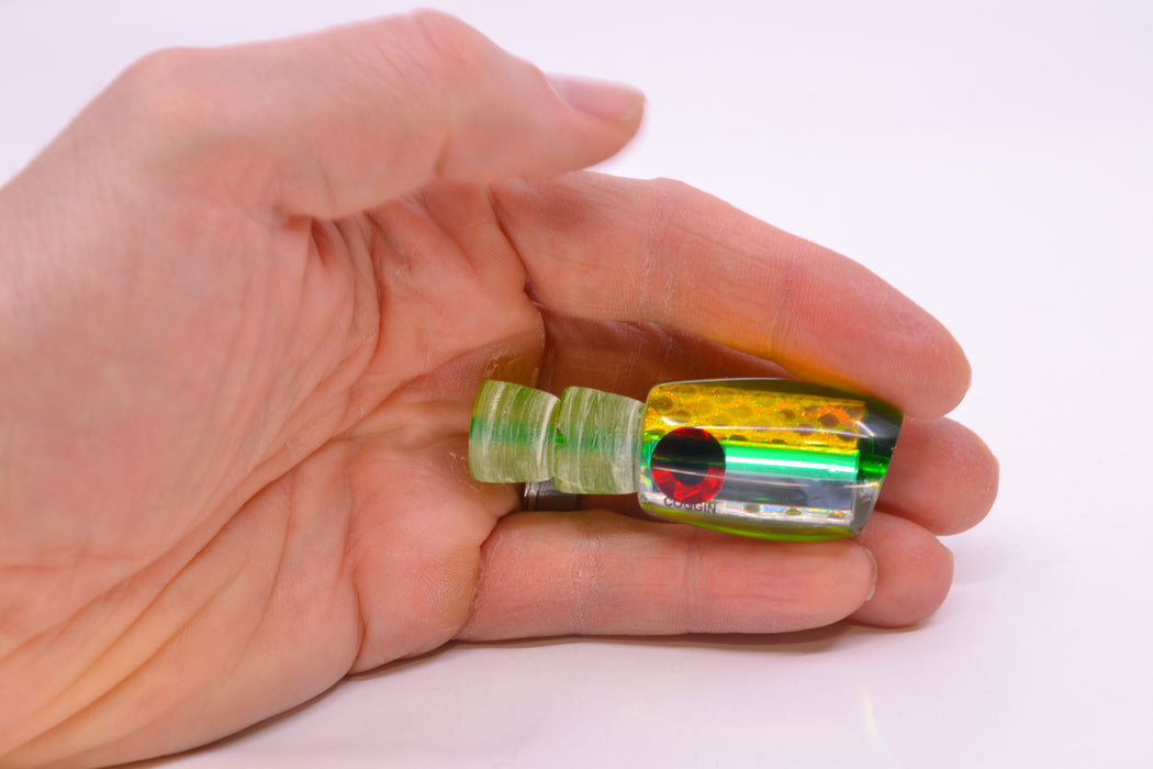 Coggin Lures Clear Mirrored Yellow-Green Back Black-Red Eyes Maui Peanut 5.5" 1.6oz