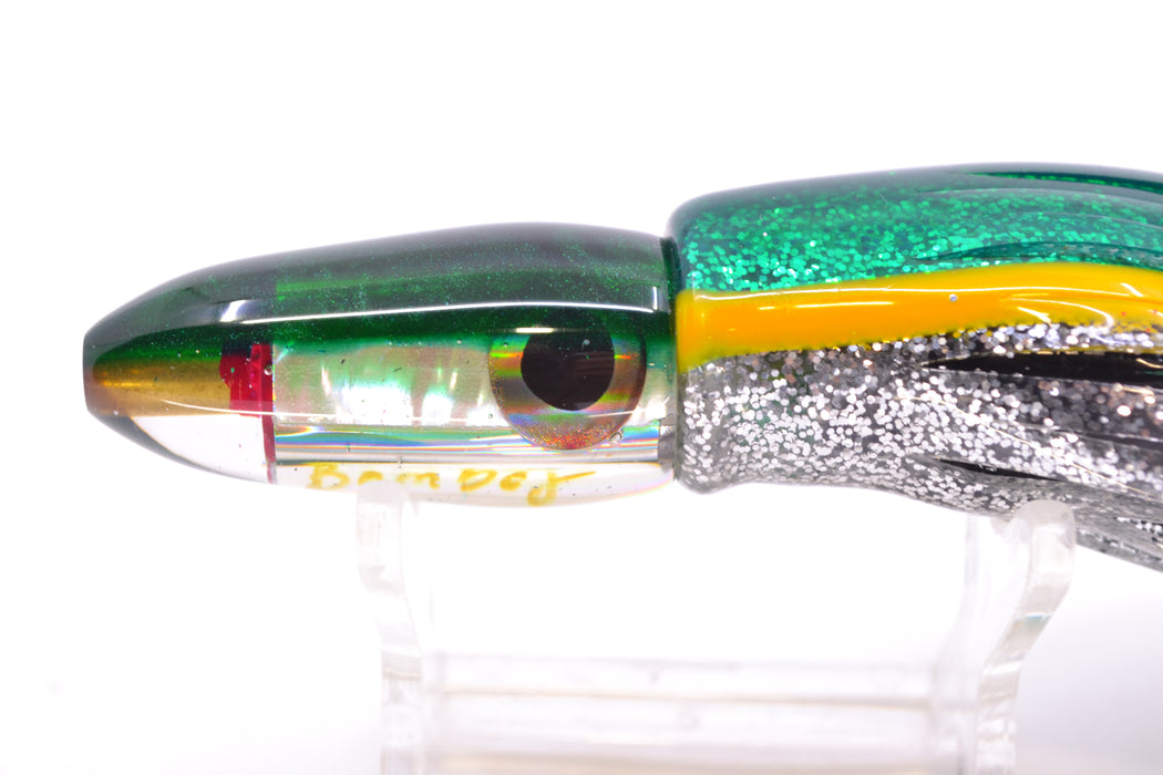 Bomboy Lures White Abalone Green Back Mini Bomb 5" 2oz Skirted Green-Yellow-Silver