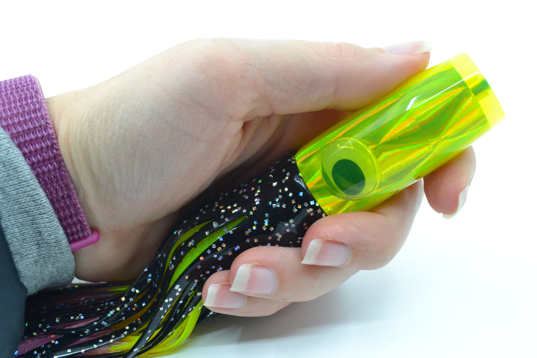 Koya Lures Neon Yellow Rainbow Diamond Doll Eyes Hard Head 7" 3oz Skirted Black-Rainbow