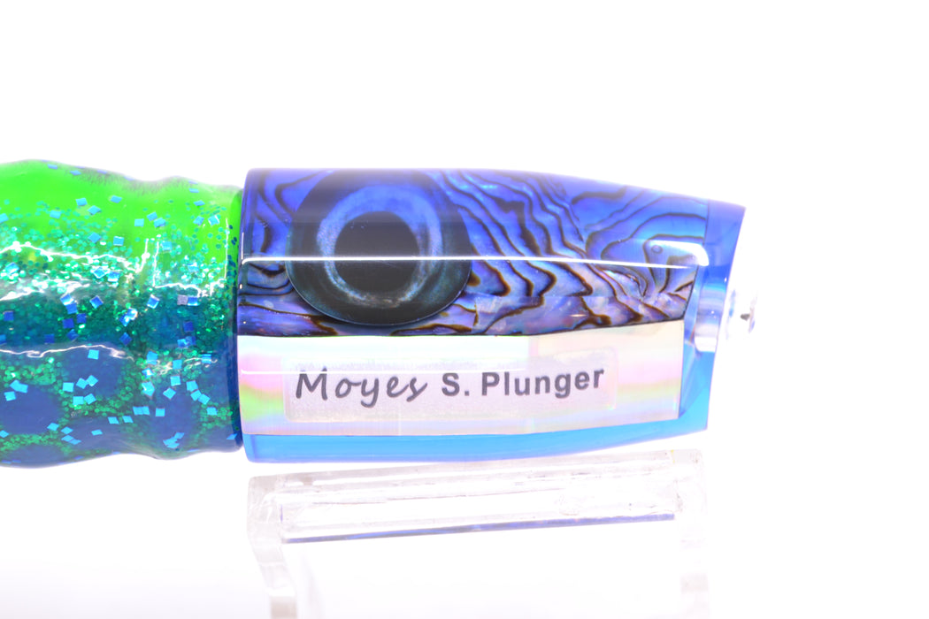 Moyes Lures Paua Shell Blue Back Small Plunger 9" 5oz Skirted Black Dots-Blue Dots GZE