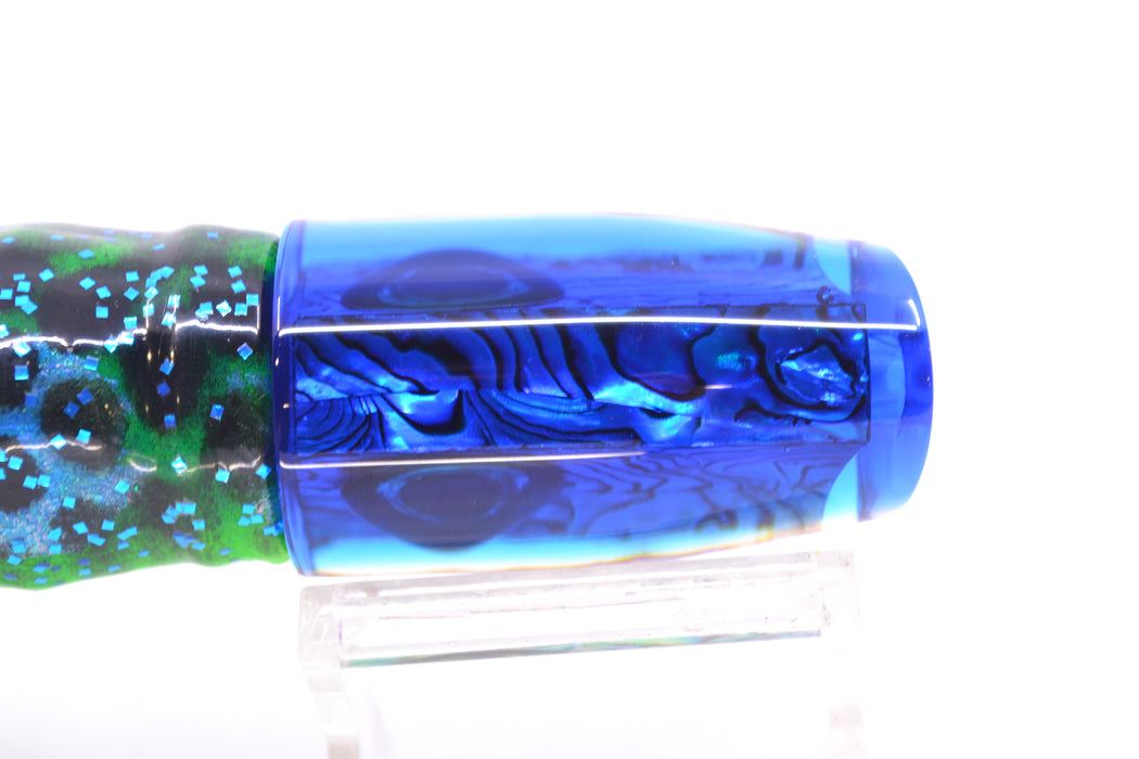 Moyes Lures Paua Shell Blue Back Small Plunger 9" 5oz Skirted Black Dots-Blue Dots GZE
