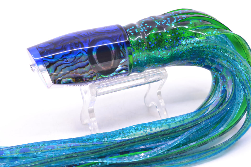 Moyes Lures Paua Shell Blue Back Small Plunger 9" 5oz Skirted Black Dots-Blue Dots GZE