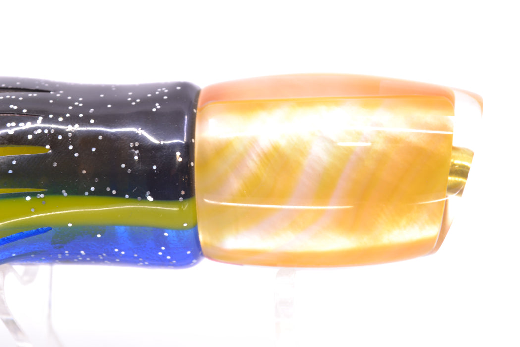 Crampton Baits Real Golden MOP Small DT 9" 4oz Skirted Black-Yellow-Blue