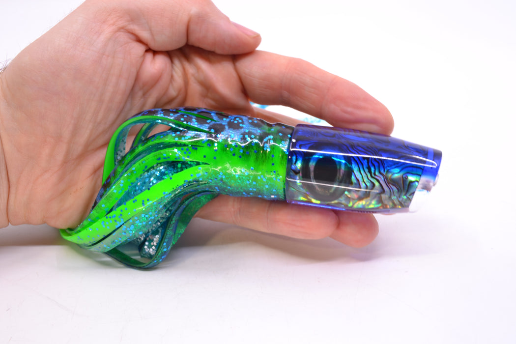 Moyes Lures Paua Shell Blue Back Small Plunger 9" 5oz Skirted Black Dots-Blue Dots GZE