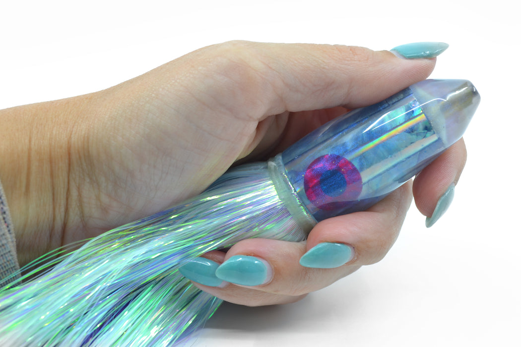 Kona Custom Lures Milky Blue MOP-Mirrored Rainbow Bullet 9" 5.7oz Flashabou