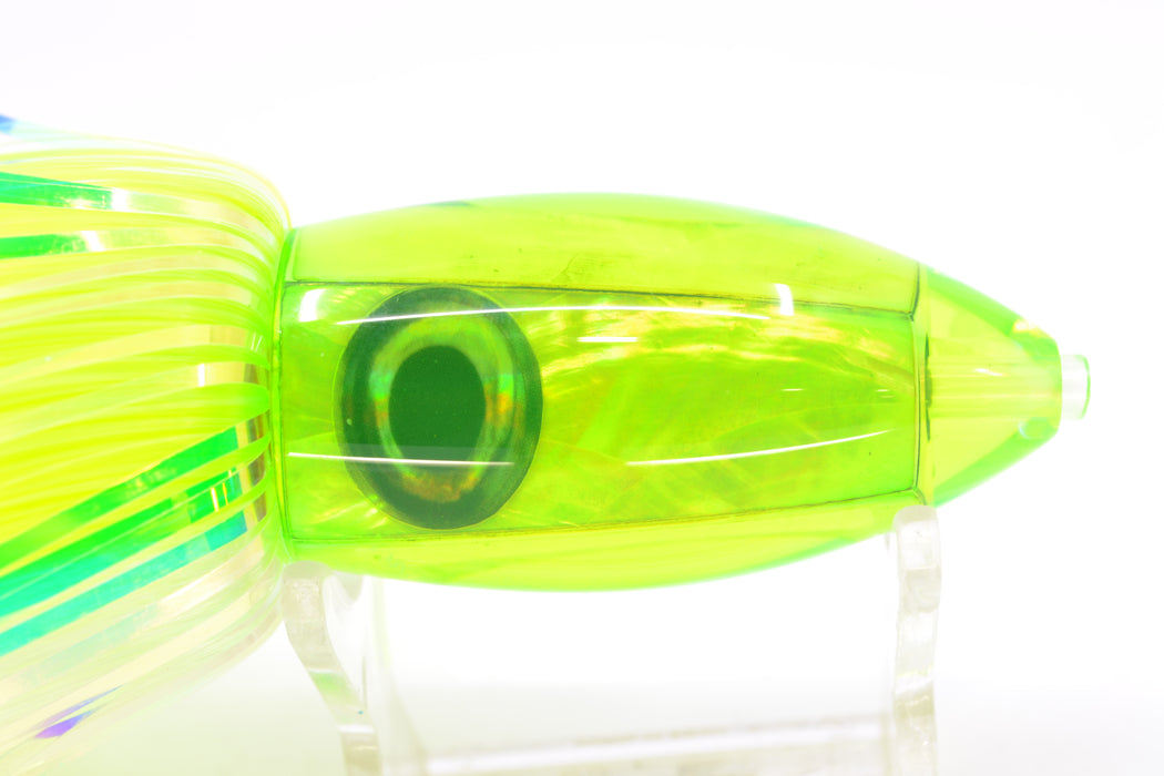 Moyes Lures Lime Green MOP Small Ono Bullet 7" 3.8oz Skirted Green-White Hair