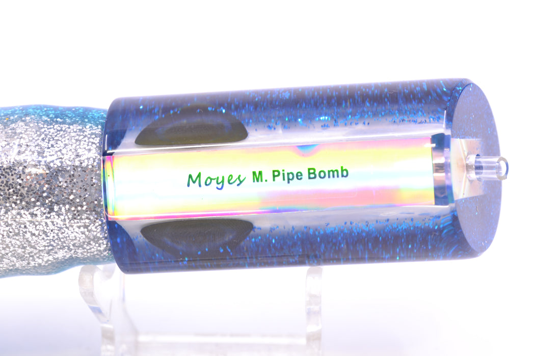 Moyes Lures White MOP Blue Glitter Back Medium Pipe Bomb 12" 7.5oz Skirted Blue-Silver