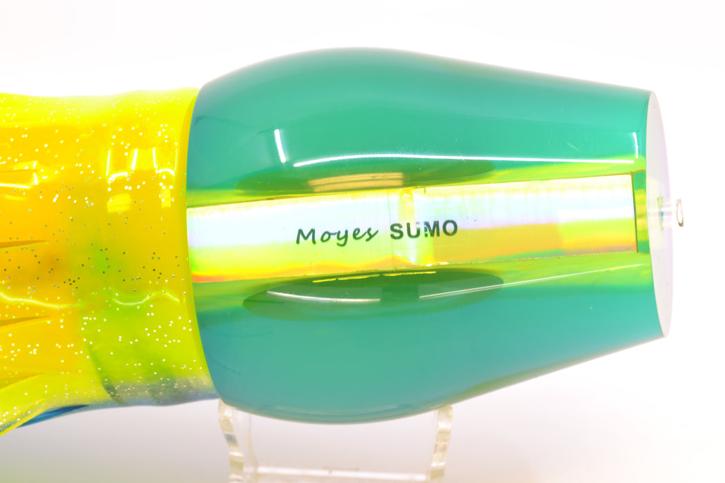 Moyes Lures Chartreuse MOP Blue Back Taxi Eyes Sumo Teaser 27oz Skirted Blue-Lumo