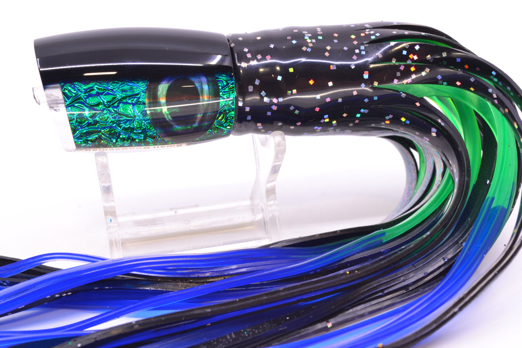 Moyes Lures Blue-Green Oil Slick Black Back Small Boogeyman 9" 3.5oz Skirted Black Aurora