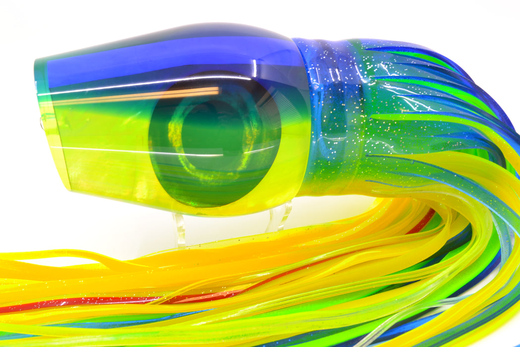 Moyes Lures Chartreuse MOP Blue Back Taxi Eyes Sumo Teaser 27oz Skirted Blue-Lumo