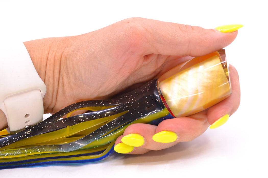 Crampton Baits Real Golden MOP Small DT 9" 4oz Skirted Black-Yellow-Blue