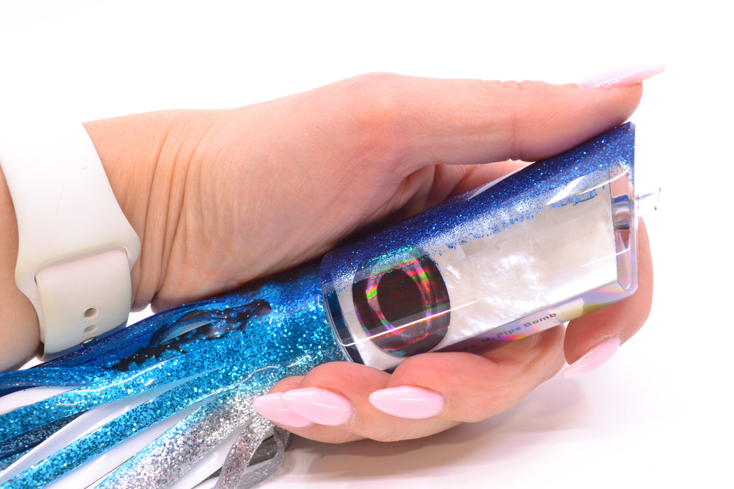 Moyes Lures White MOP Blue Glitter Back Medium Pipe Bomb 12" 7.5oz Skirted Blue-Silver