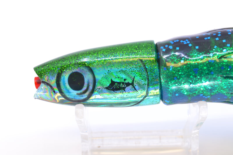 Aloha Lures Green Rainbow Green Back Small Super Ninja 7" 3.5oz Skirted Black Dots-Blue Dots