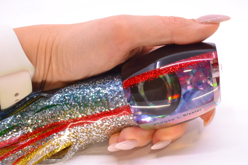 Moyes Lures Rainbow MOP Black-Red Back Large Blaster 14" 10.7oz Skirted Evil