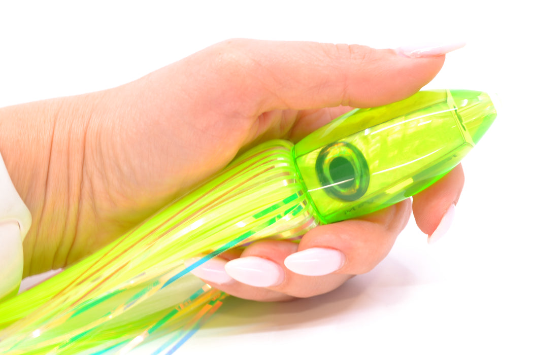 Moyes Lures Lime Green MOP Small Ono Bullet 7" 3.8oz Skirted Green-White Hair