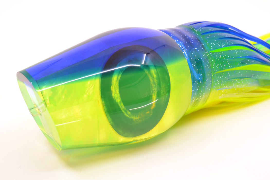 Moyes Lures Chartreuse MOP Blue Back Taxi Eyes Sumo Teaser 27oz Skirted Blue-Lumo