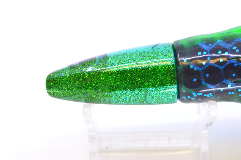 Aloha Lures Green Rainbow Green Back Small Super Ninja 7" 3.5oz Skirted Black Dots-Blue Dots