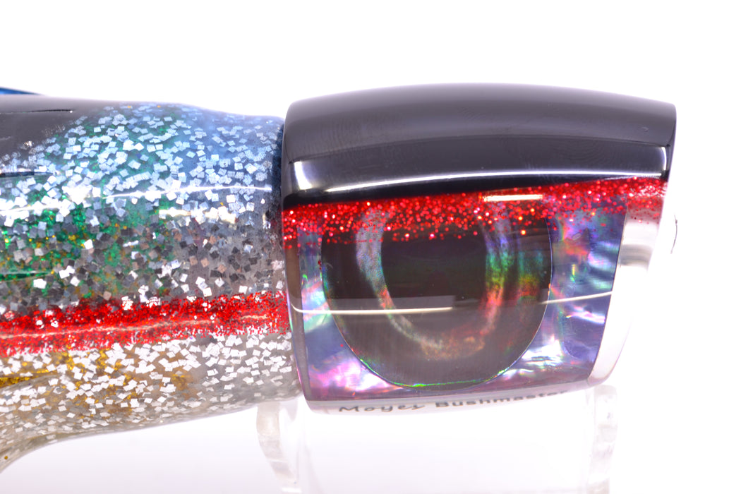 Moyes Lures Rainbow MOP Black-Red Back Taxi Eyes Bushmaster 12" 10oz Skirted Evil