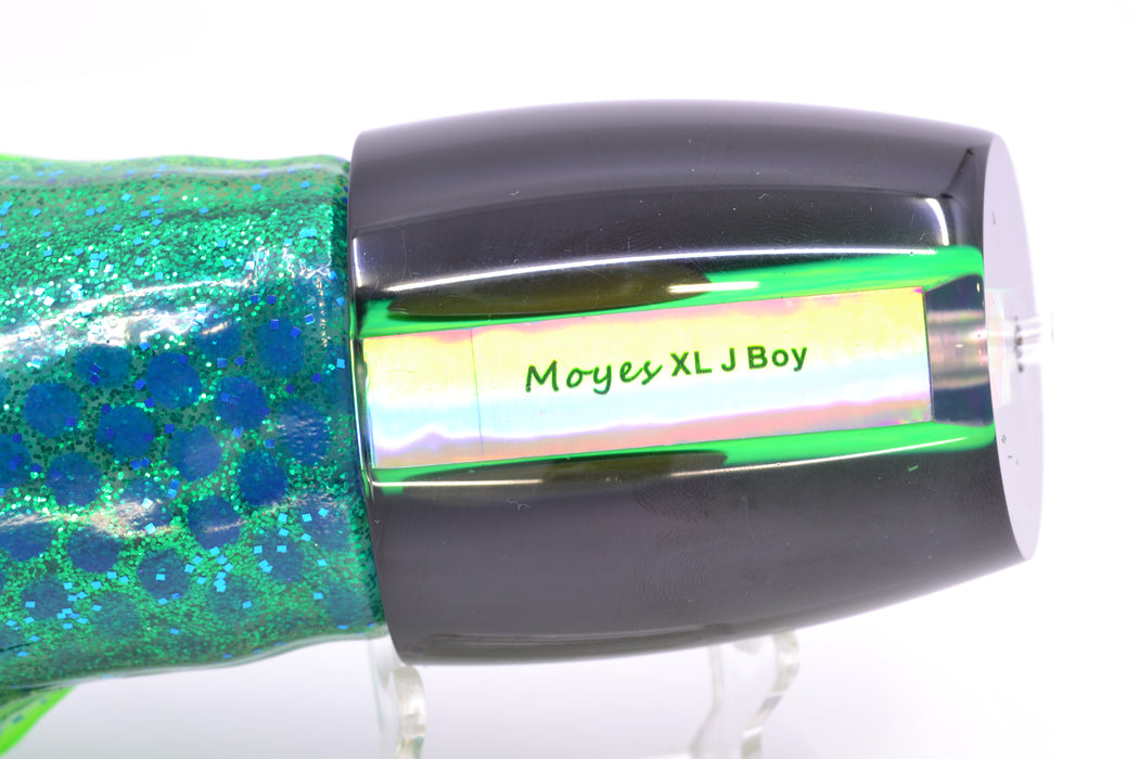 Moyes Lures Green MOP Black Back XL J-Boy Teaser 18.2oz Skirted Black Dots-Blue Dots