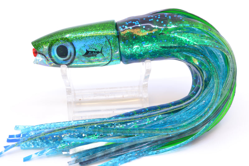 Aloha Lures Green Rainbow Green Back Small Super Ninja 7" 3.5oz Skirted Black Dots-Blue Dots