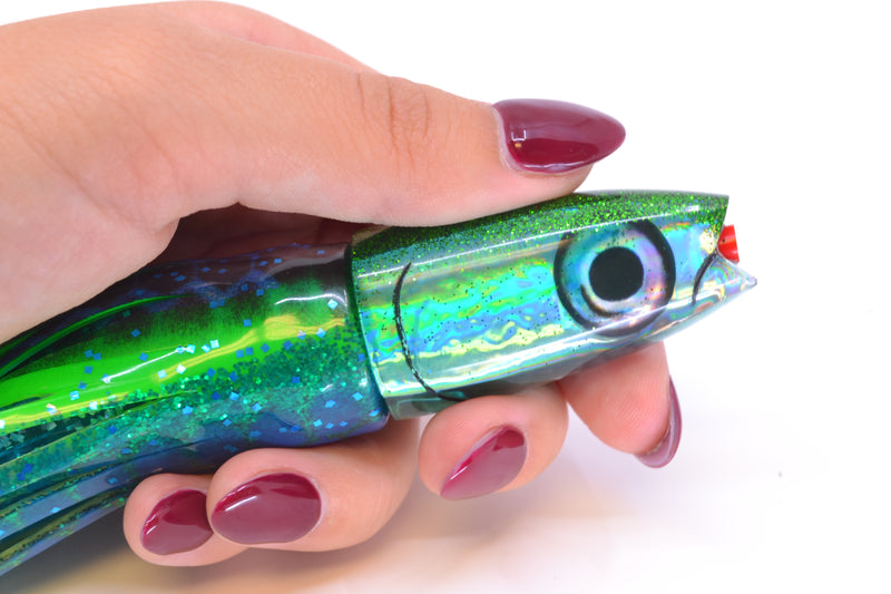 Aloha Lures Green Rainbow Green Back Small Super Ninja 7" 3.5oz Skirted Black Dots-Blue Dots