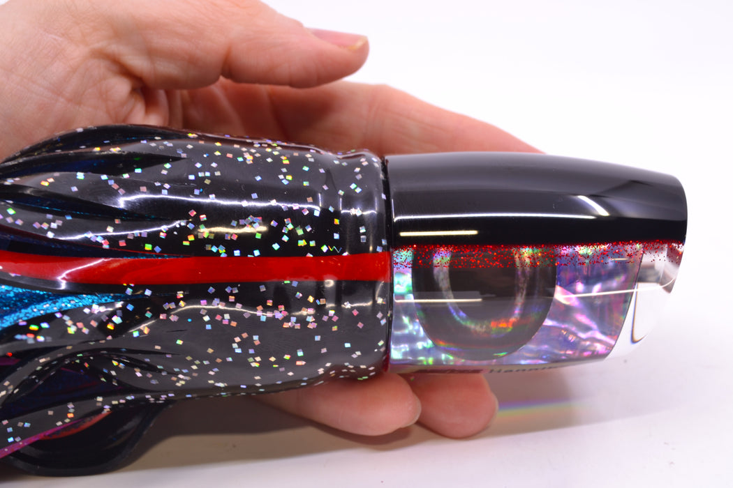 Moyes Lures Rainbow MOP Black-Red Back Taxi Eyes Hannibal 14" 9oz Skirted Black