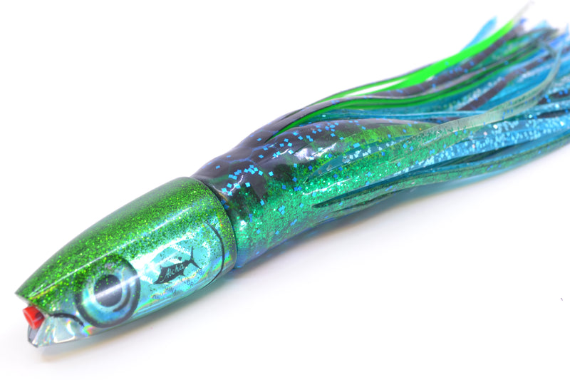 Aloha Lures Green Rainbow Green Back Small Super Ninja 7" 3.5oz Skirted Black Dots-Blue Dots