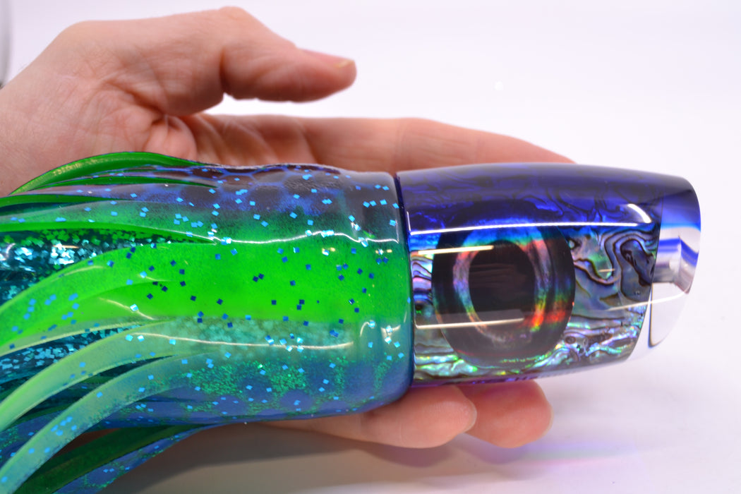 Moyes Lures Paua Shell Blue Back Taxi Eyes Hannibal 14" 9oz Skirted Black Dots-Blue Dots