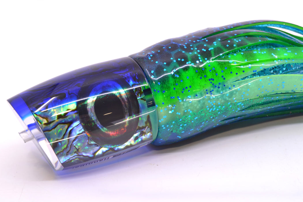 Moyes Lures Paua Shell Blue Back Taxi Eyes Hannibal 14" 9oz Skirted Black Dots-Blue Dots