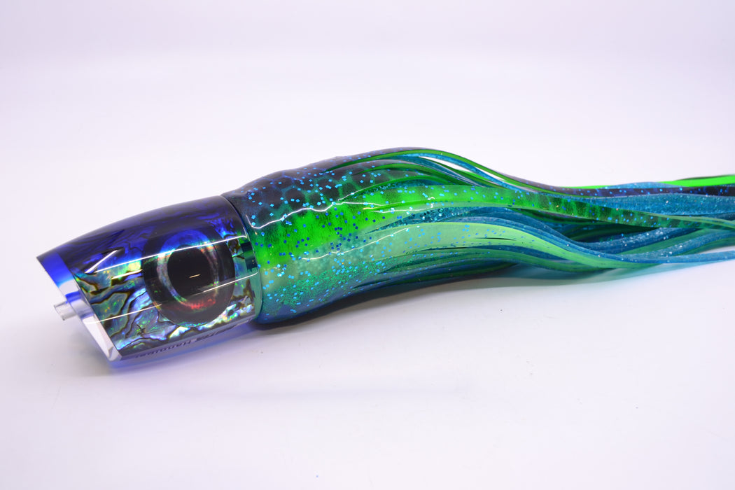 Moyes Lures Paua Shell Blue Back Taxi Eyes Hannibal 14" 9oz Skirted Black Dots-Blue Dots